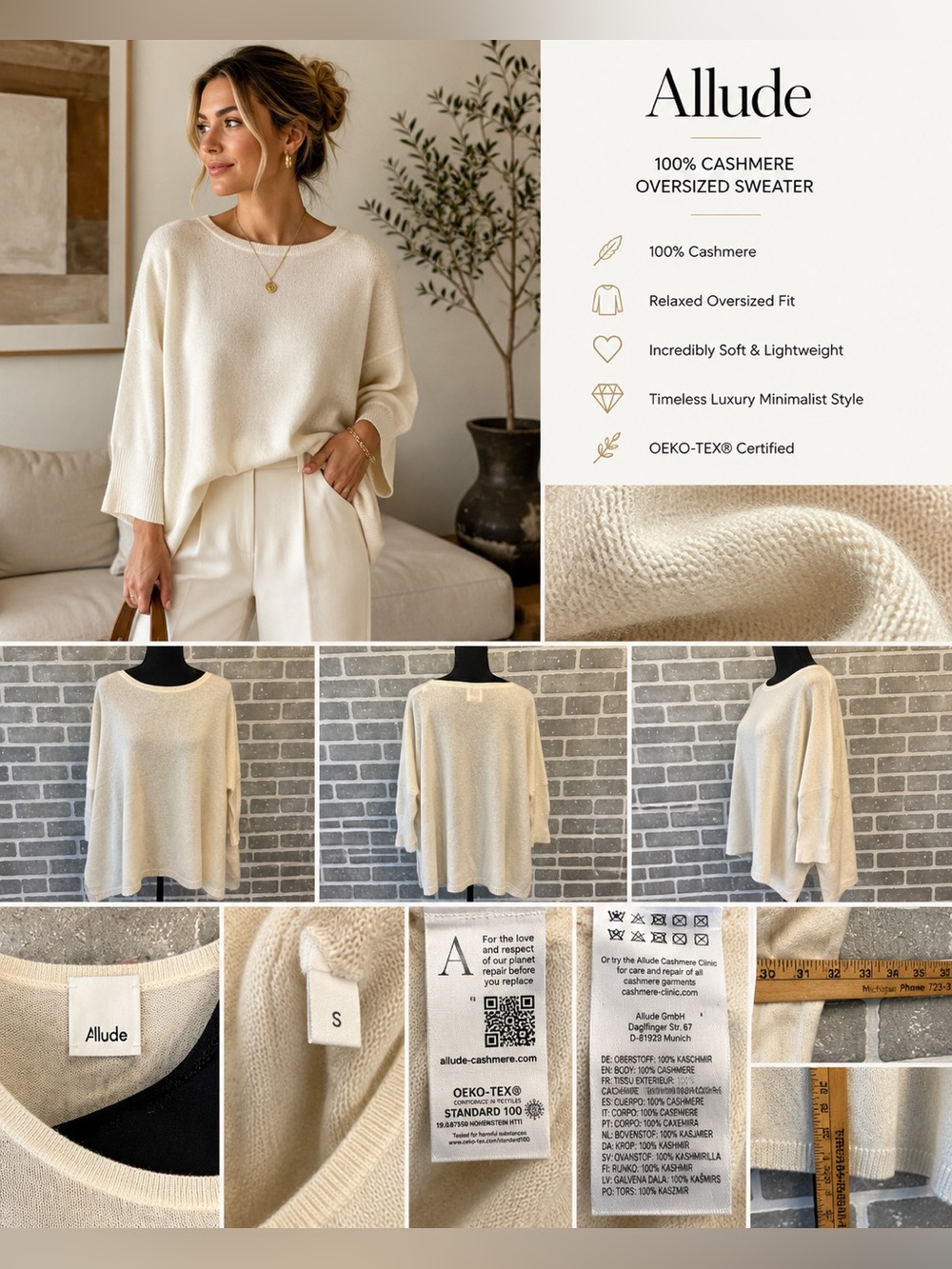Allude 100% Cashmere Oversized Cream Sweater Size S‎ Luxury Minimalist Luxury